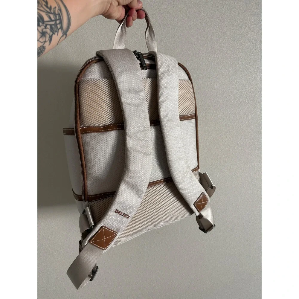 Delsey Paris Chatelet Air 2.0 Laptop Backpack Angora White Vegan Leather Trim